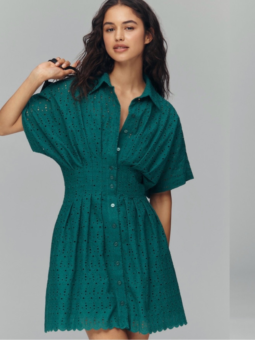 Anthropologie x Exquise The Tobie Button-Front Pleated Eyelet Mini Dress S NWT